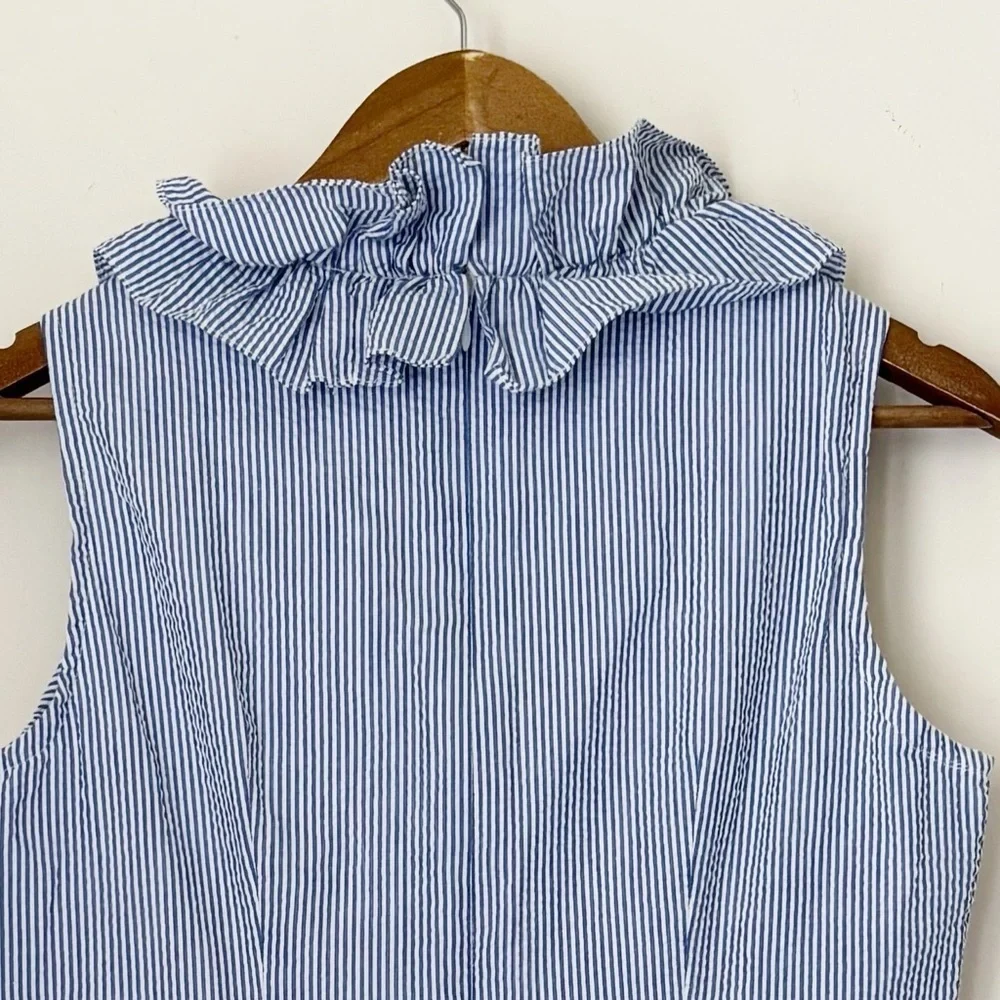 Just Madras Blue Seersucker Sleeveless Ruffle Dress Sz 4 Preppy Nautical